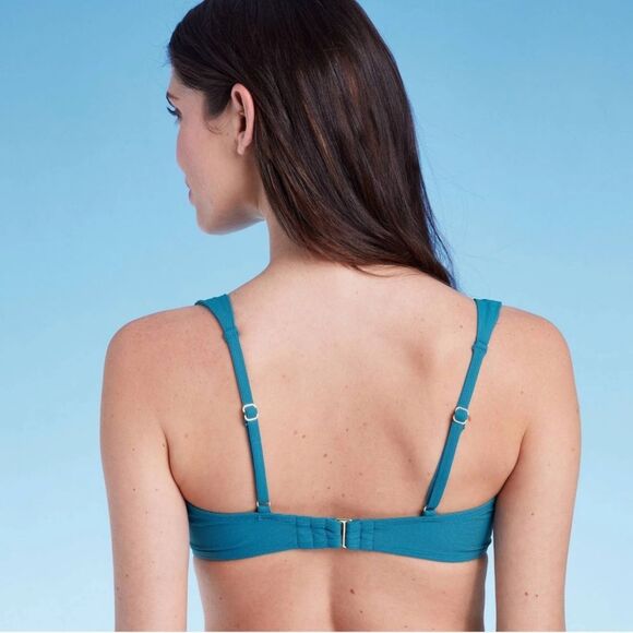 Shade & Shore 36C Blue Shirred Ribbed Bandeau Bikini Swim Underwire Top - Picture 5 of 11